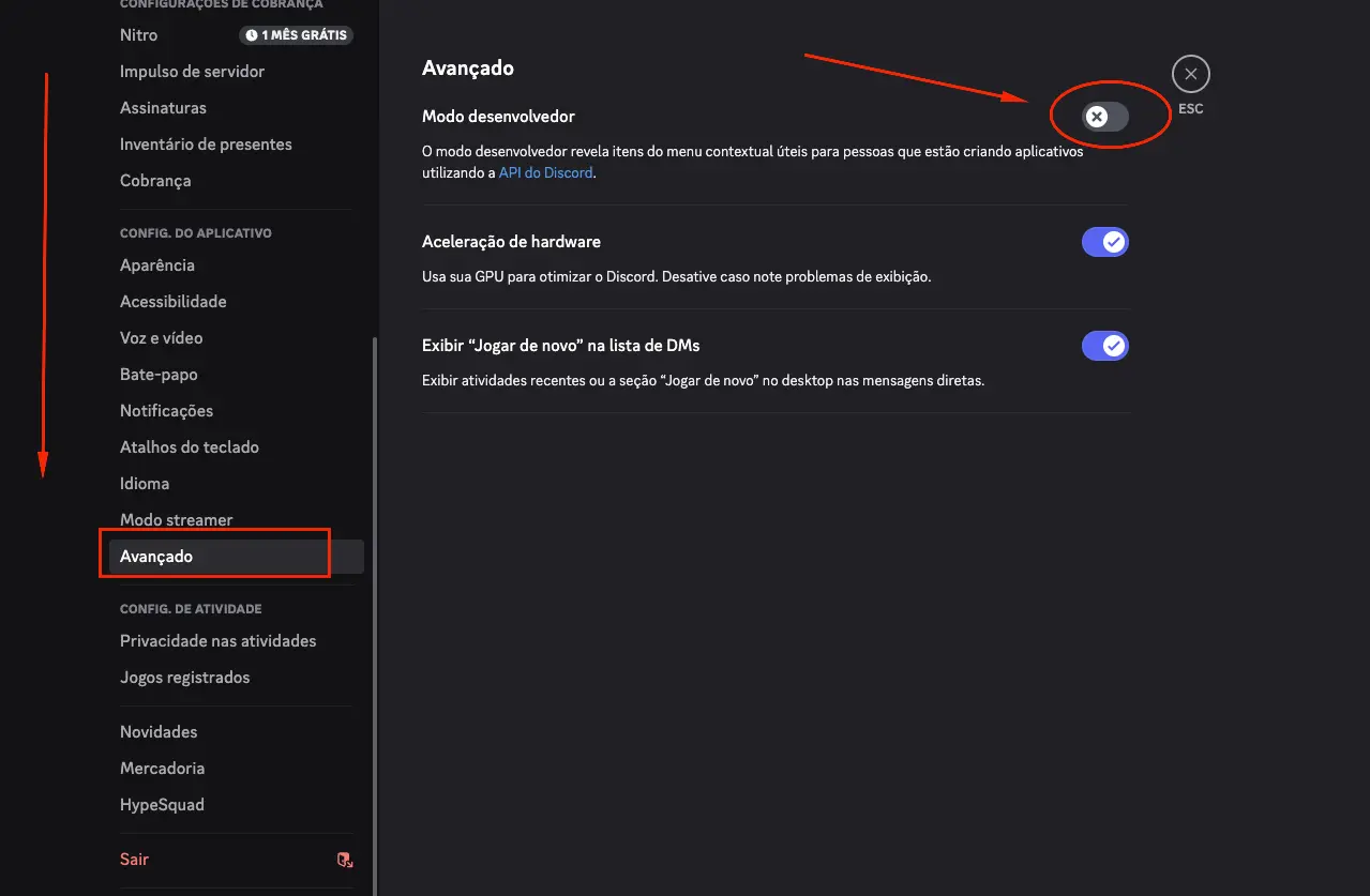 Passo 2: Habilite o Modo Desenvolvedor Dentro das configurações, no menu lateral esquerdo, role para baixo até encontrar a opção "Avançado" (geralmente sob a seção "Config. do Aplicativo"). Clique nela. Em "Avançado", você verá a opção "Modo desenvolvedor". Ative-o clicando no botão de alternância. Este modo é essencial para revelar os IDs de elementos no Discord.