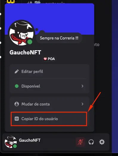 Feche as configurações clicando no "X" ou "ESC". Agora, no canto inferior esquerdo do Discord, clique no seu ícone de perfil (avatar). Um menu contextual aparecerá. Você verá a opção "Copiar ID do usuário". Clique nela e seu ID será copiado para a área de transferência.